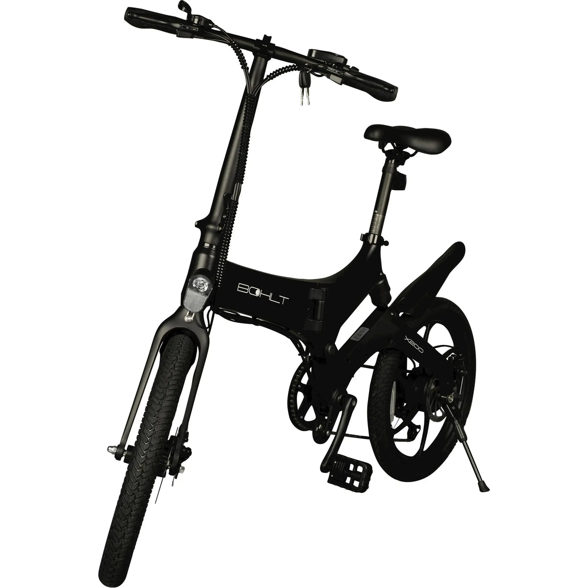 Zwarte Bohlt elektrische vouwfiets X200 met compact frame en verstelbare handlebars, ideaal voor stadsvervoer.