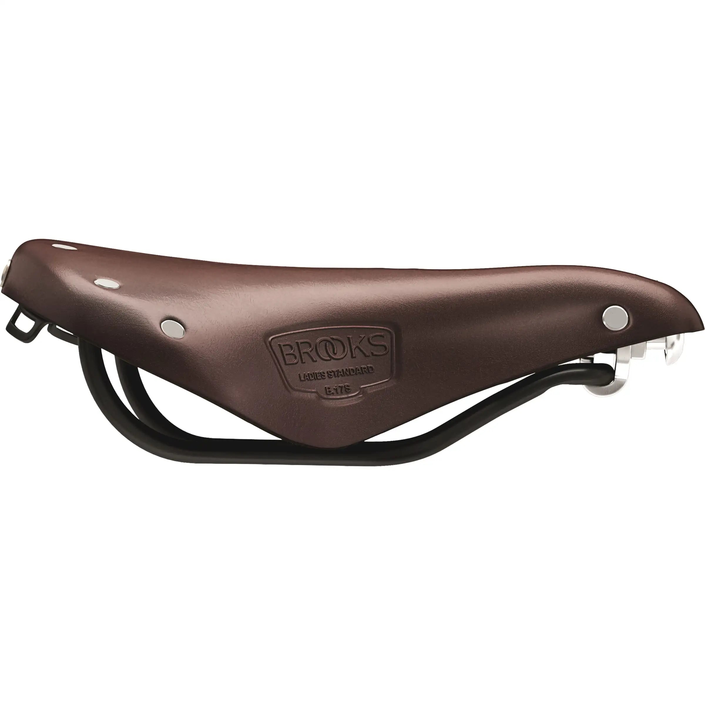 Brooks Fietszadel B17S voor dames, comfortabel stadsfiets en e-bike zadel, zichtbaar op een zwart en bruin leren zadel met Brooks branding