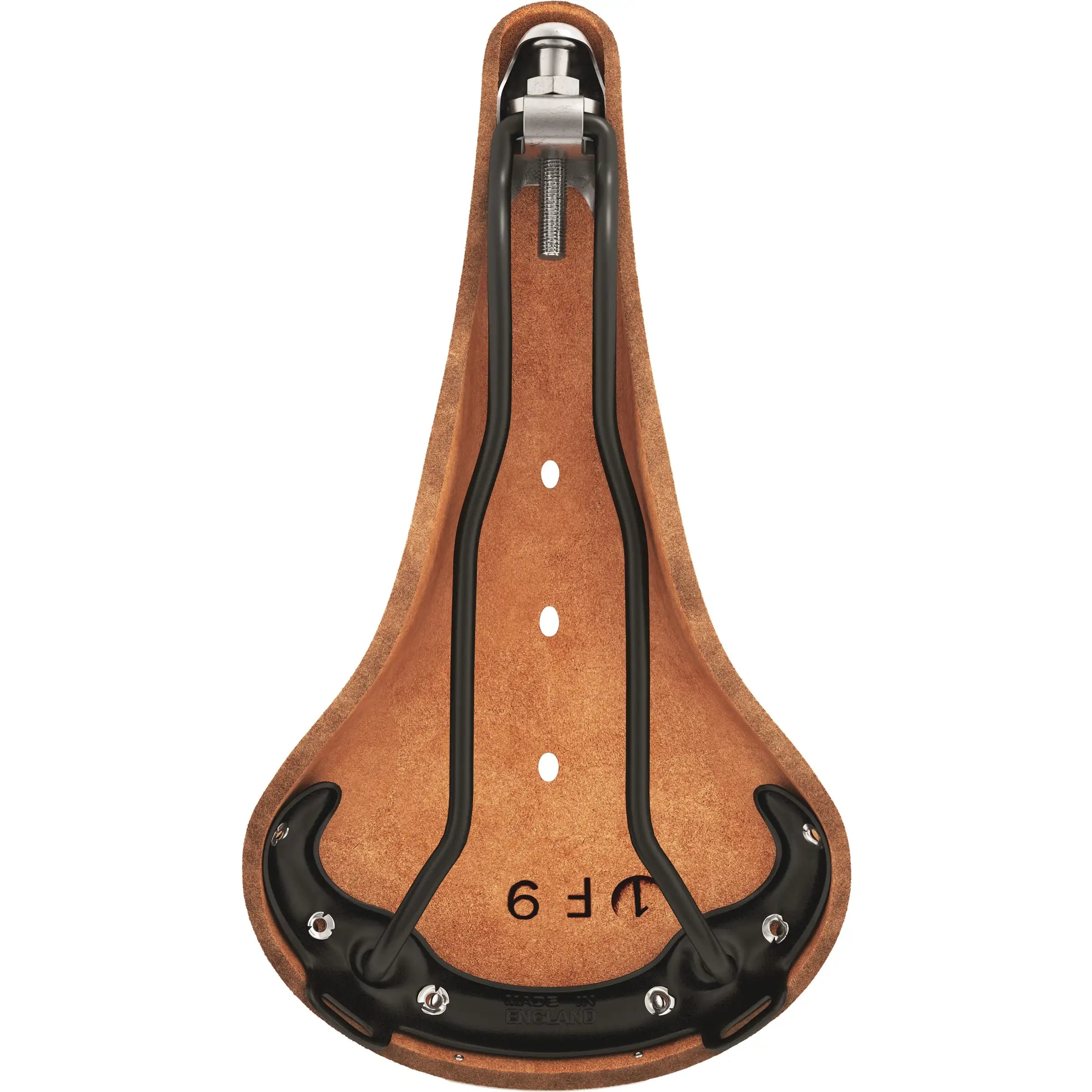 Brooks Fietszadel B17 Narrow voor stadsfietsen en e-bikes, close-up van het leren zadel met smalle vorm en duurzame constructie.