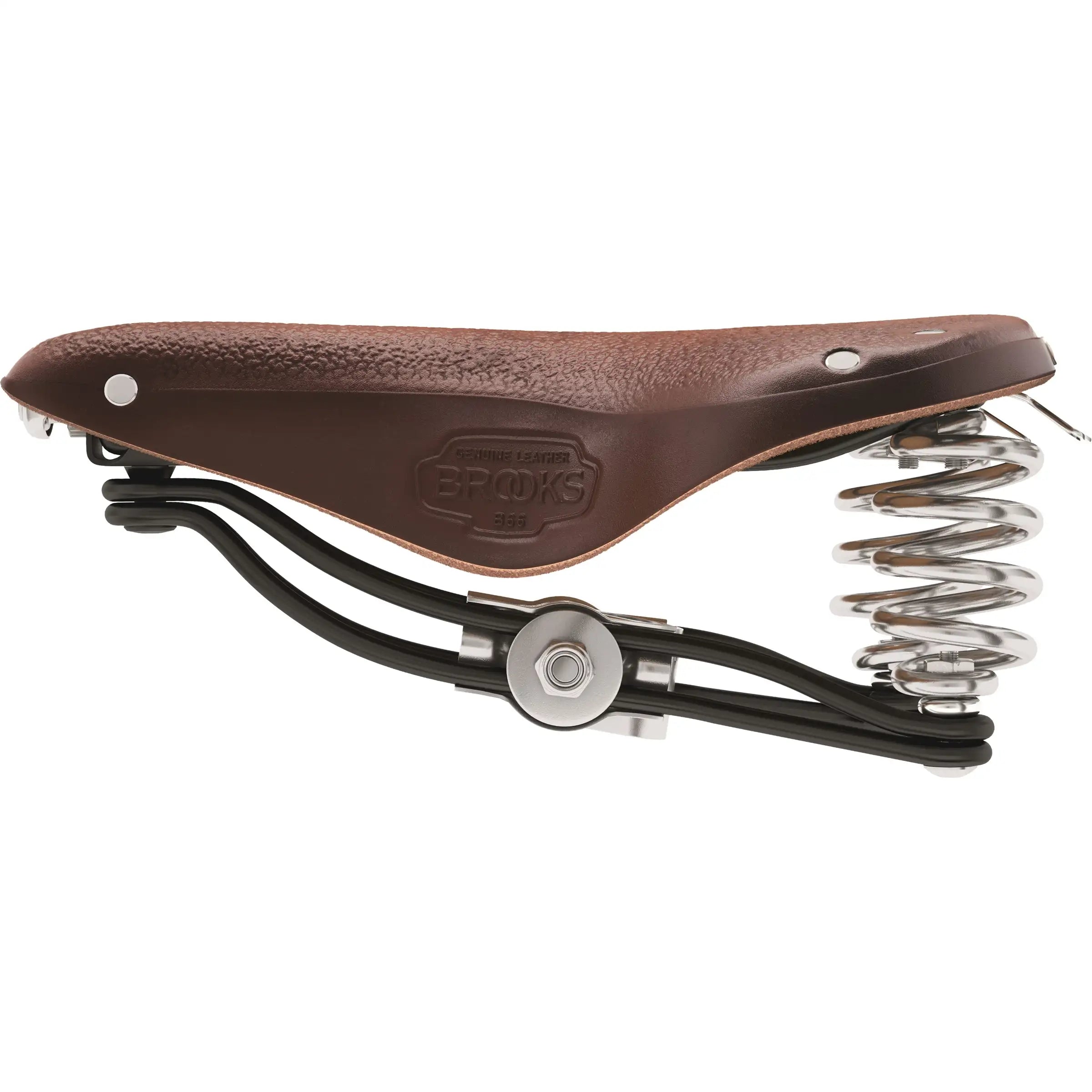 Brooks Fietszadel B66 voor heren op stadsfiets of e-bike, zwart leren zadel met comfortabele vorm en klassieke details.