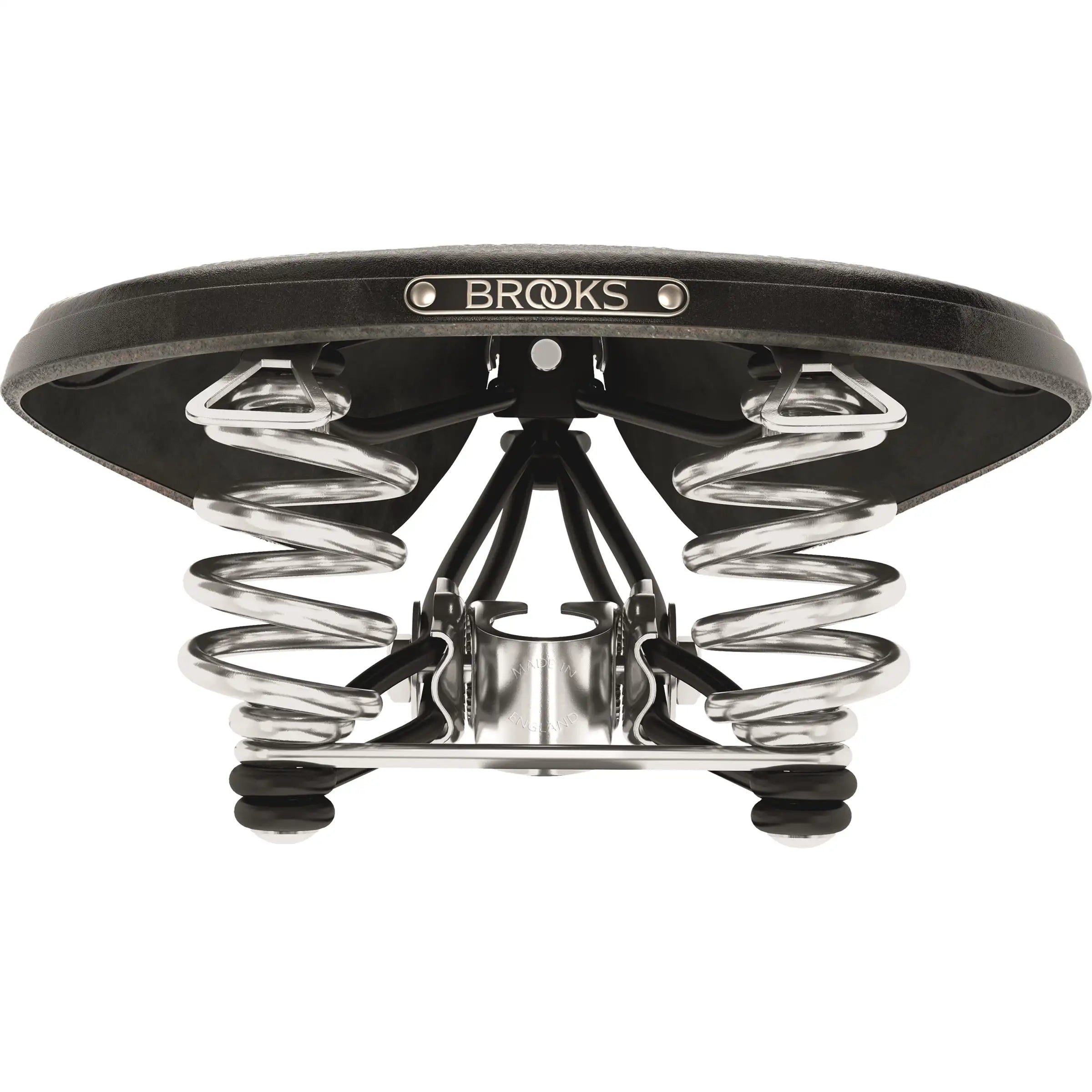 Brooks Fietszadel B66 voor heren, comfortabel stadsfiets- en e-bike zadel, zwart met leren bekleding en metalen bevestiging.