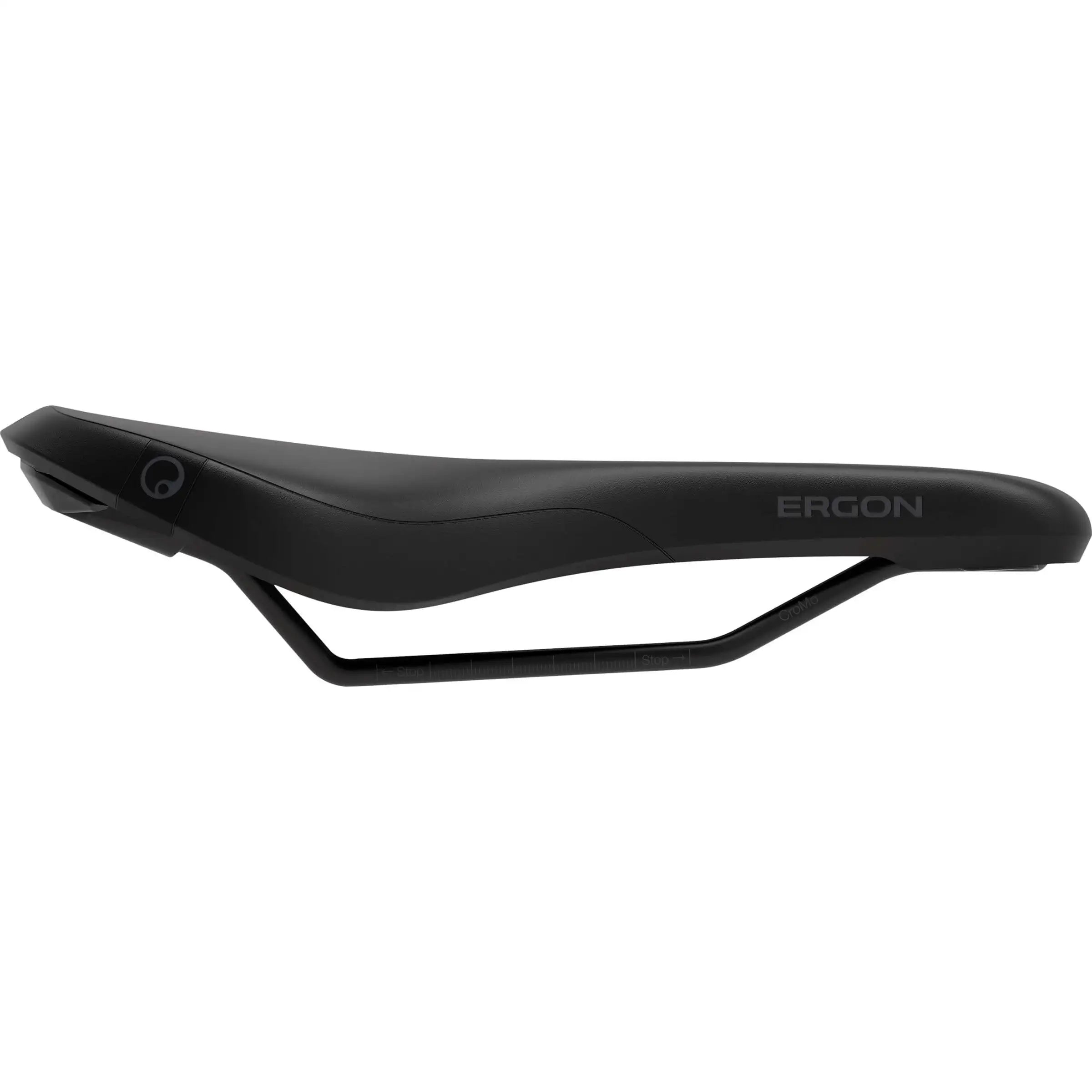 Ergon racefiets- en MTB-zadel voor dames, zwart, met ergonomisch design en zachte bekleding, geschikt voor comfortabel fietsen.