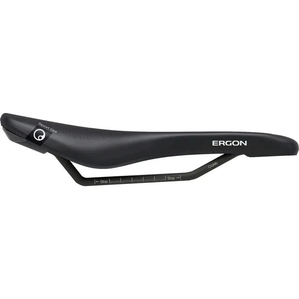 Zwart Ergon SR Sport Gel dames racefiets- en MTB-zadel met ergonomisch ontwerp en comfortabele gelvulling.