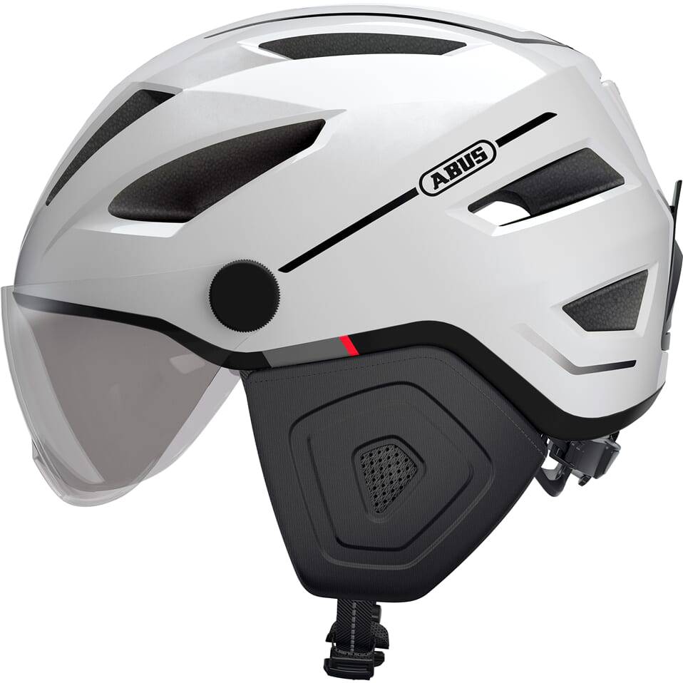 Abus Pedelec 2.0 Ace speed pedelec helm in zwart met regenkap en oplaadbare lamp, verstelbaar voor fietsers.