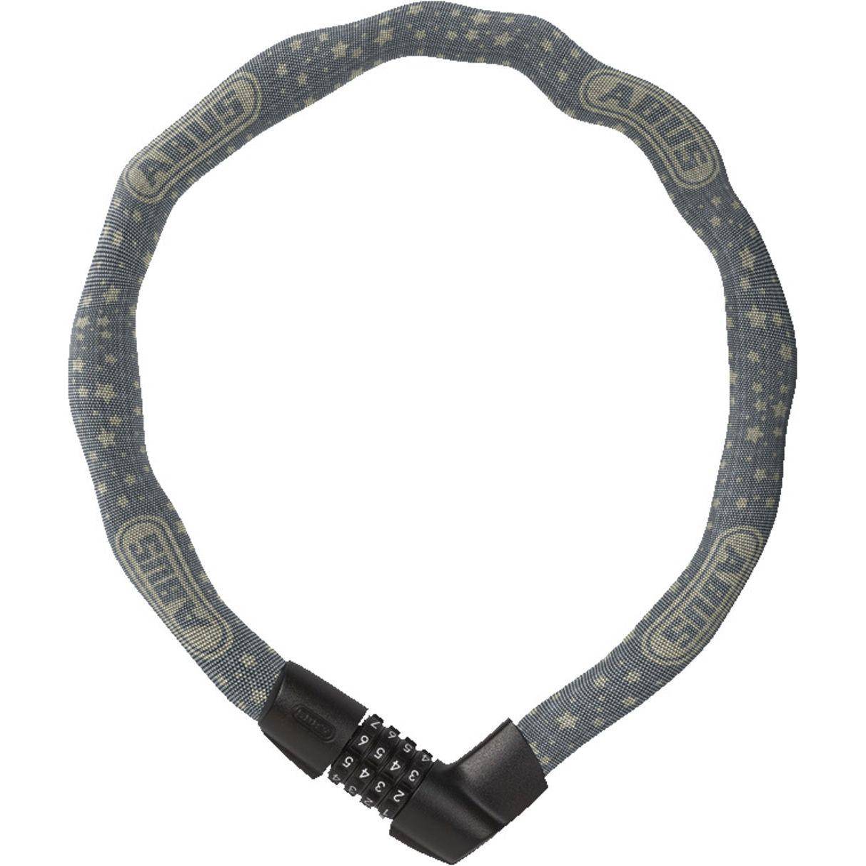 Abus Tresor 1385 kettingslot, 75 cm lang, met blauwe textielhoes en cijferslot, geschikt voor fietsbeveiliging.