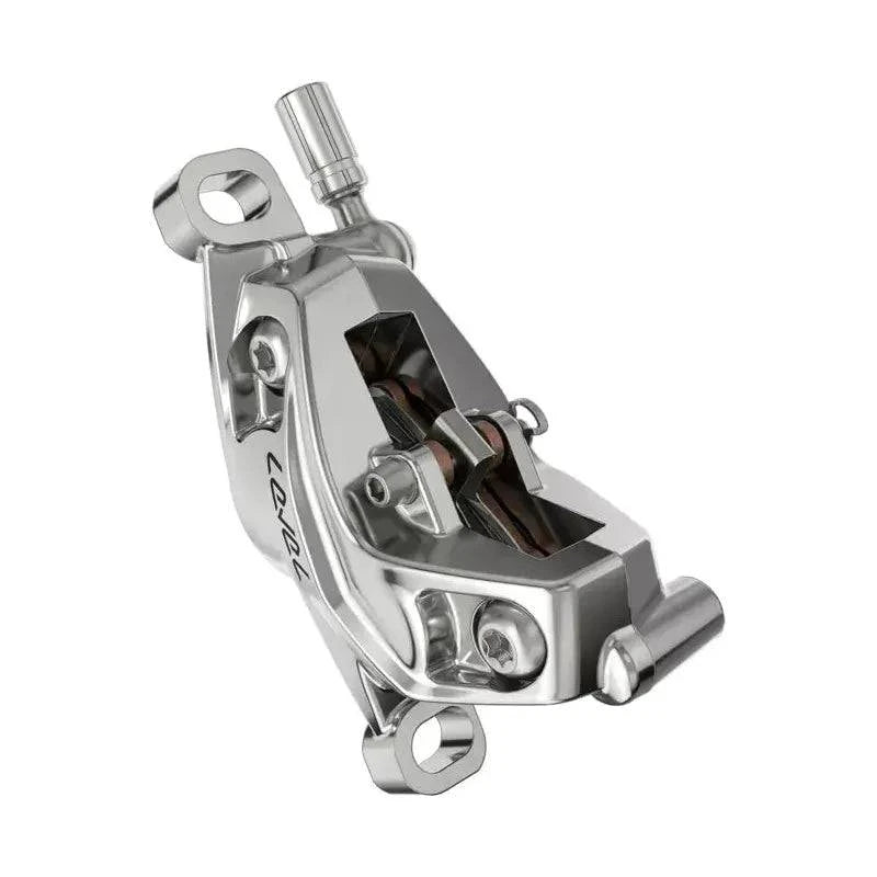 Zwarte en zilveren Sram Rem Level Ultimate C1 DB 4P MTB schijfremmen, zichtbaar met remklauw en remschijf.