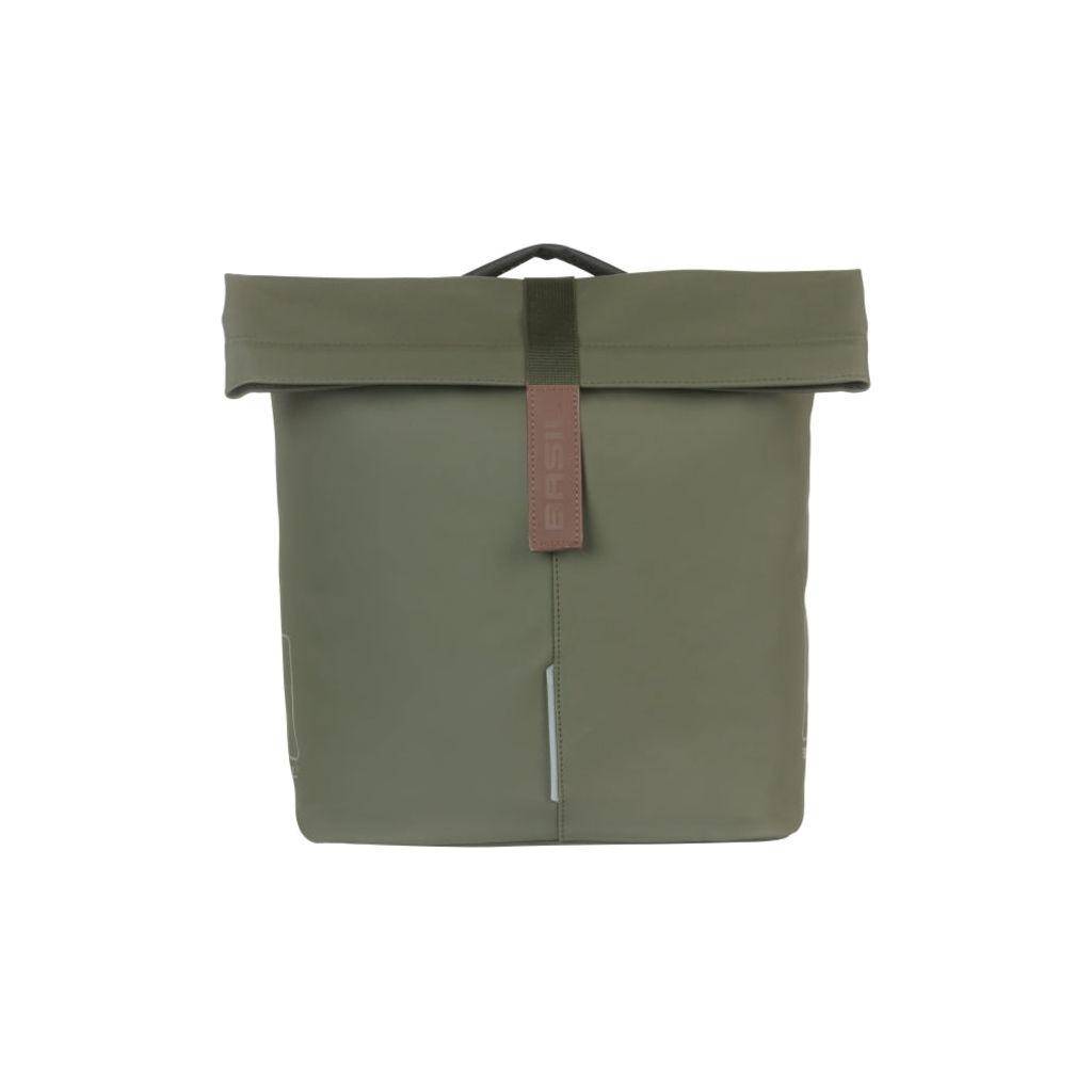Basil City dubbele fietstas Mik 28-32 liter, waterafstotend, grafietblauw, geschikt voor dubbele fietsendragers, zicht op tas en bevestigingen