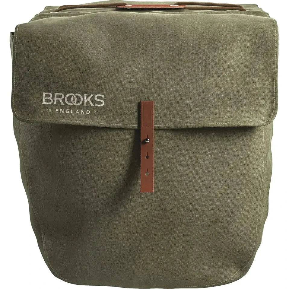 Brooks dubbel fietsmand Brick Lane Panniers 30L in groene kleur, duurzame fietstas voor dagelijks gebruik