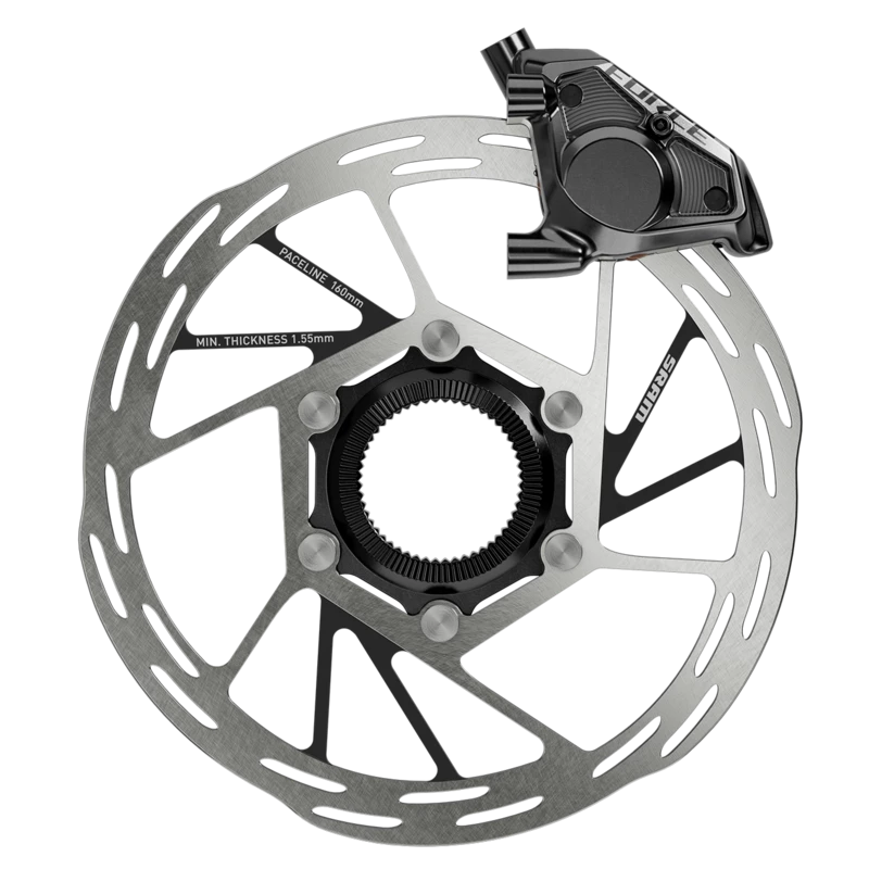 Zwarte Sram Force Axs E1 12/13V hydraulische rem- en schakelgreep met carbon afwerking en front caliper met lasertechnologie.