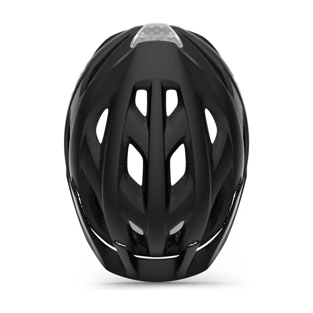 Zwarte MET Crossover MTB helm met verstelbare maatband en ventilatieopeningen voor urban en mountainbiken.