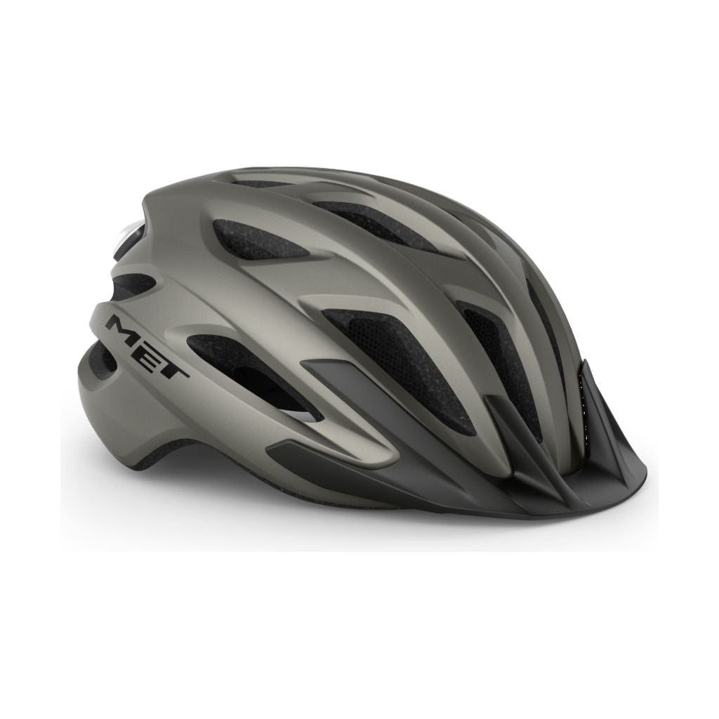 Zwarte MET Crossover MTB-helm met verstelbare banden en ventilatiegaten voor urban en mountainbiken.