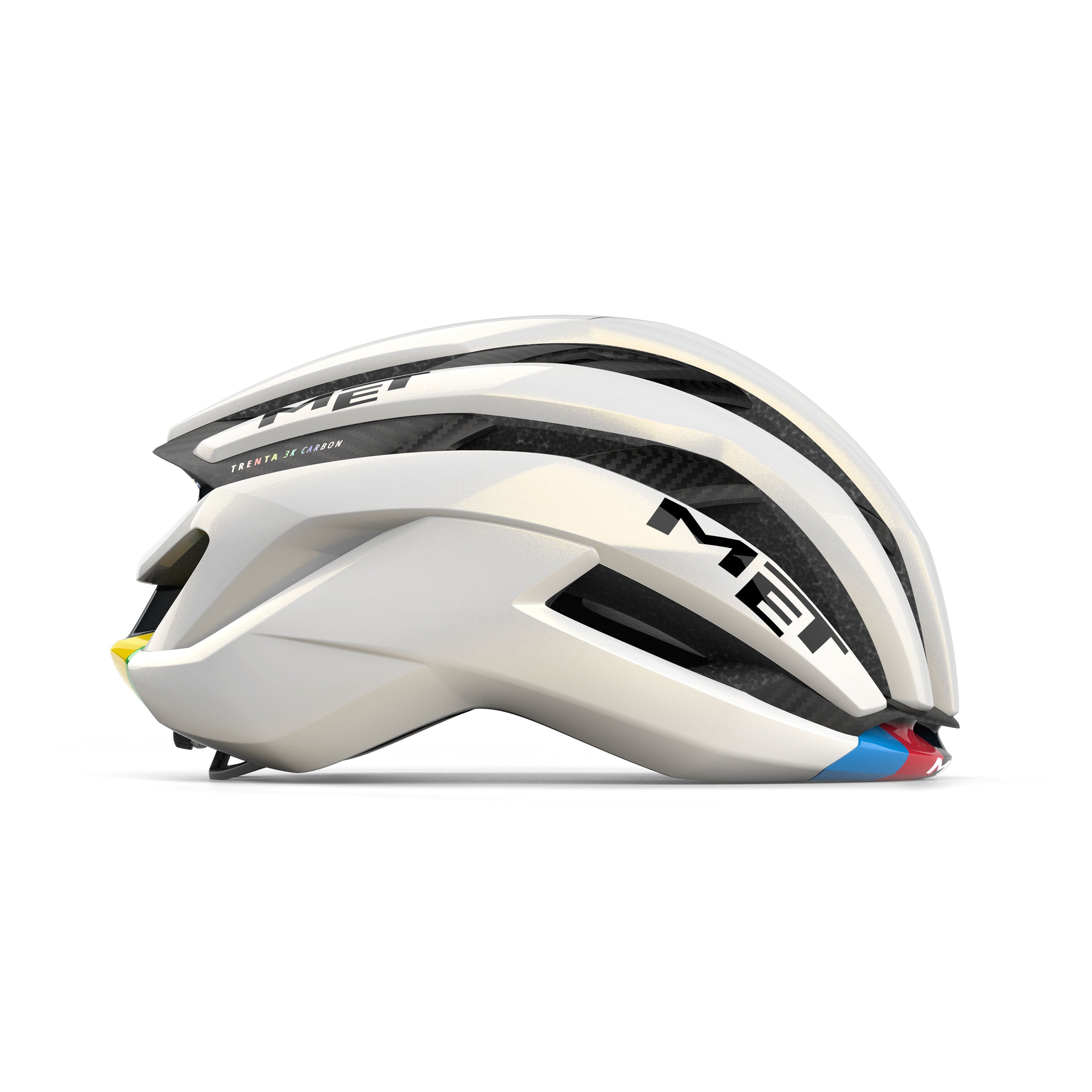 MET Trenta 3K Carbon MIPS racefietshelm met kleurrijke afwerking en ventilatieopeningen, zijaanzicht voor wielrenners.