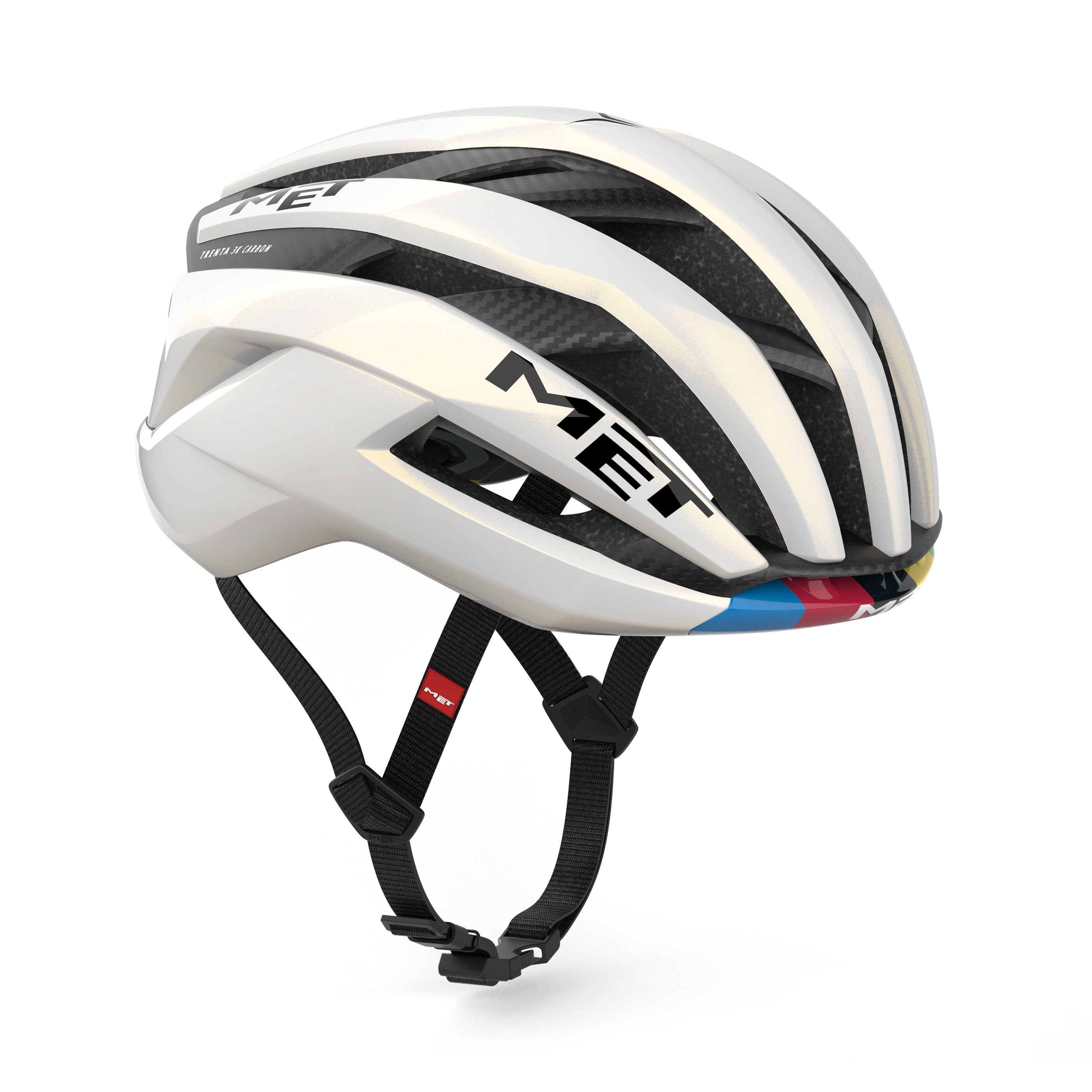 MET Trenta 3K Carbon MIPS racefietshelm met kleurrijke regenboogdetails en ventilerend ontwerp voor wielrenners