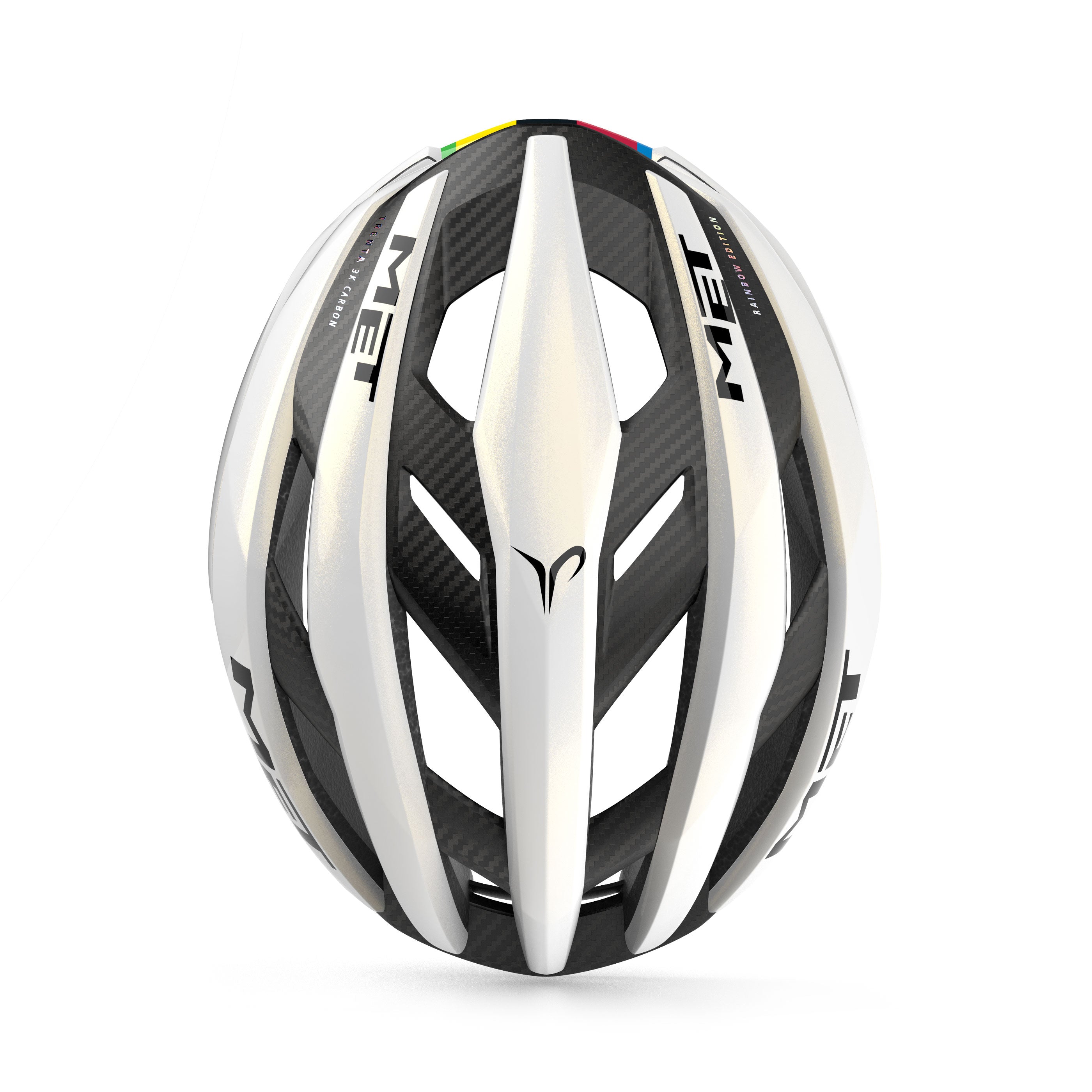 MET Trenta 3K Carbon MIPS racefietshelm met rainbow design, aerodynamisch en lichtgewicht voor wielrenners.