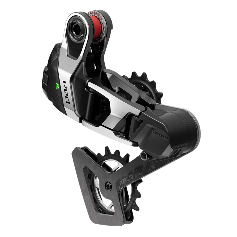 Sram Red Xplr Axs E1 achterderailleur 13-speed carbon zwart met maximale 46T tandwiel, zichtbaar op de afbeelding.