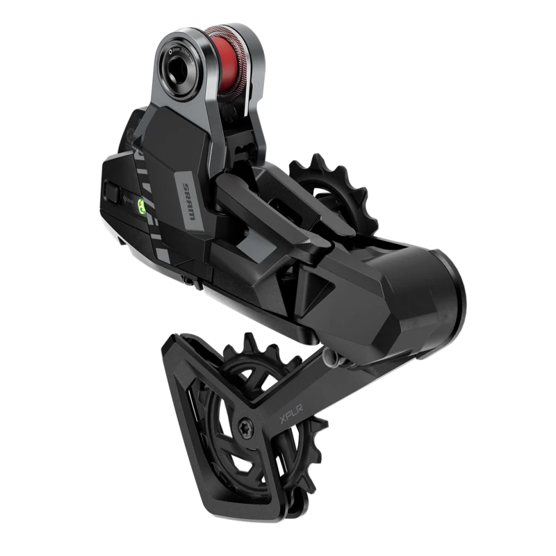 Sram Rival Xplr AXS E1 13-speed achterderailleur met full mount en maximale 46T capaciteit, zichtbaar in de afbeelding.