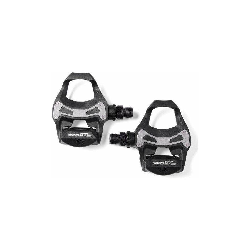 Shimano PDR550 SPD-SL racefiets pedalen in zwart met SM-SH11 cleats, geschikt voor racefietsen en wielrennen.