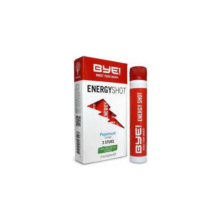Energiedrank BYE! Energyshot met pepermunt smaak, 3 ampullen, heldere fles en pepermuntblad op witte achtergrond