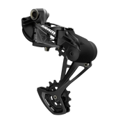 Zwarte aluminium Sram SX Eagle A1 12V achterderailleur voor mountainbikes, toont de constructie en montage van de derailleur