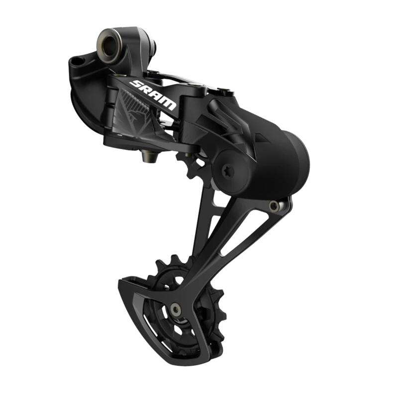 Zwarte aluminium Sram SX Eagle A1 12V achterderailleur voor mountainbikes, toont de constructie en montage van de derailleur