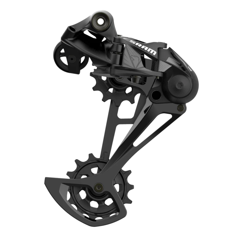 Zwarte Sram SX Eagle A1 12-speed achterderailleur van aluminium voor mountainbikes, zichtbaar met aandrijving en montagehaken