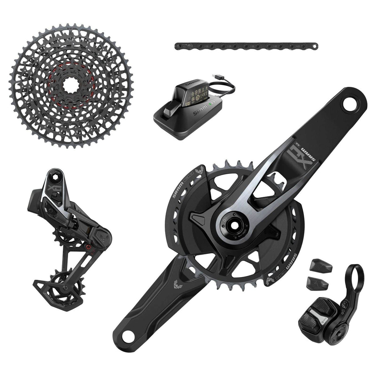 Sram X0 Eagle T Axs D1 groepset met schakelhendel en derailleur, zwart en robuust ontwerp voor mountainbiken