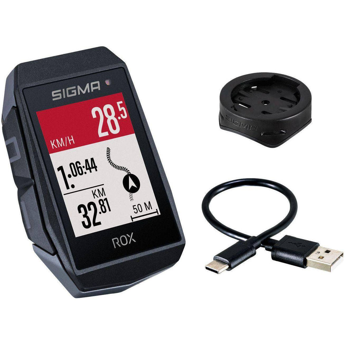 Sigma Rox 11.1 Evo fietscomputer in zwart met standaard stuurhouder, compacte GPS-navigatie voor fietsliefhebbers.