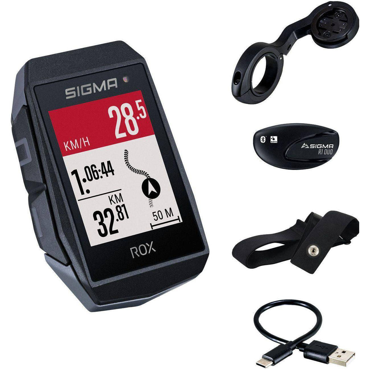 Sigma Rox 11.1 Evo GPS fietsnavigatie met hartslagmeter en zwart display, ontworpen voor wielrenners en fietsers.