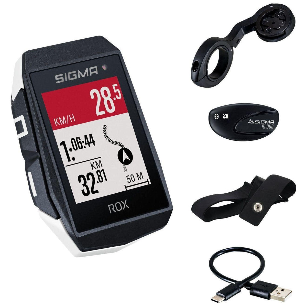 Sigma Rox 11.1 Evo gps fietscomputer met hartslagmeter en korte stuurhouder, wit, voor fietsnavigatie en trainingsmonitoring