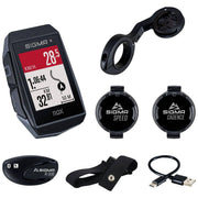 Sigma Rox 11.1 EVO GPS fietsnavigatie in zwart met hartslagmeter en volledige sensorenet set, geschikt voor wielrenners.