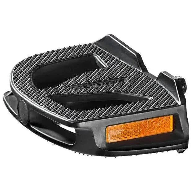 Zwarte Ergotec EP-1 anti-slip pedaalset met gripoppervlakken, geschikt voor fiets, close-up van de pedalen.
