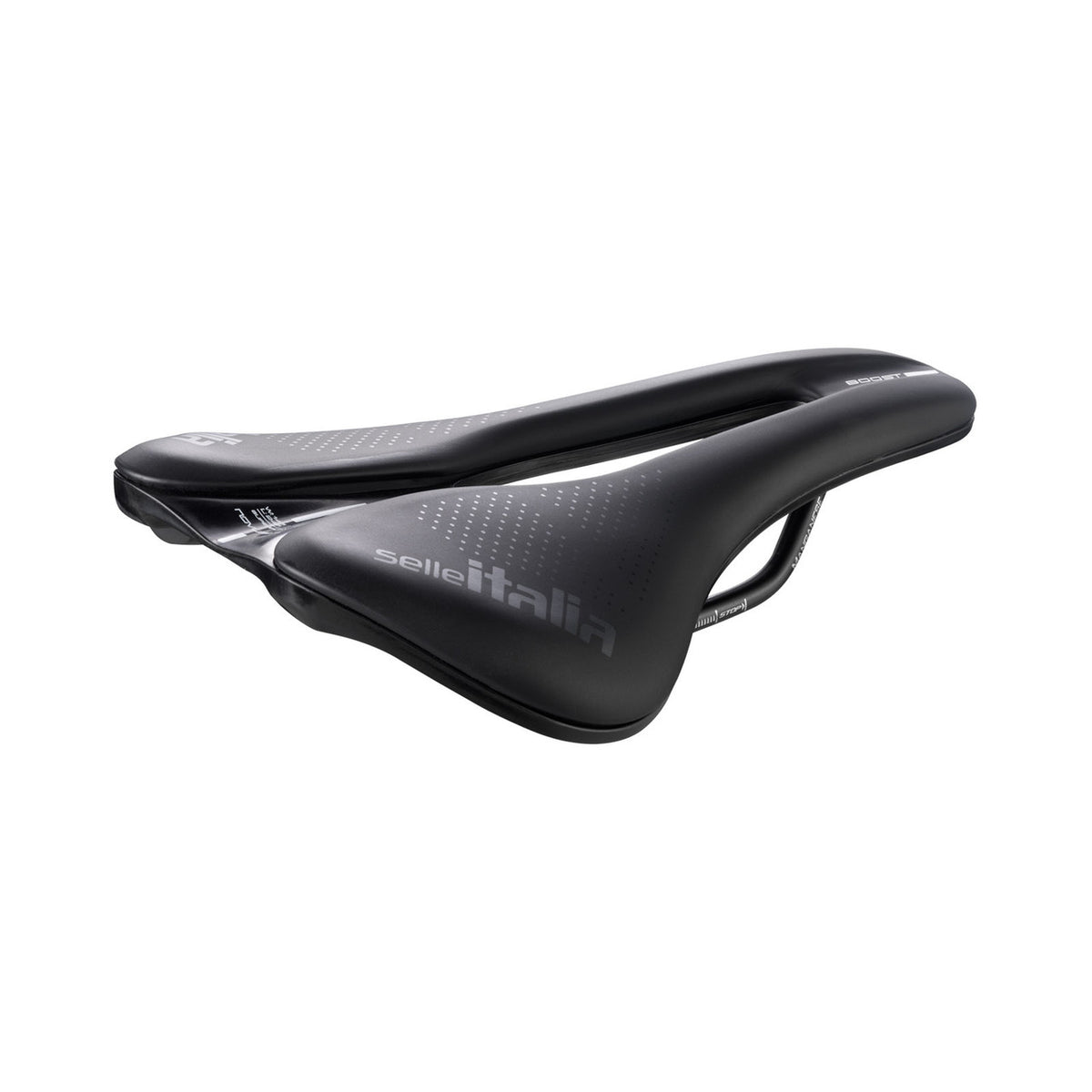 Selle Italia Novus Evo Boost TM Superflow zwart racefiets- en MTB-zadel, zijaanzicht met Manganese L3 frame en comfortabele vorm
