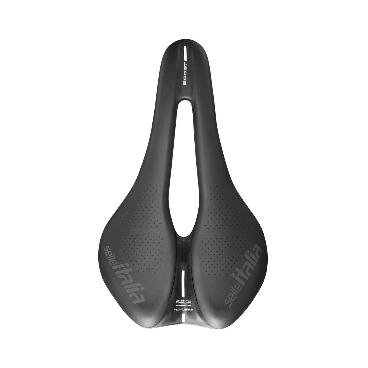 Zwart Selle Italia Novus Evo Boost TM Superflow racefiets- en MTB-zadel met Manganese L3, topzicht en ergonomisch ontwerp
