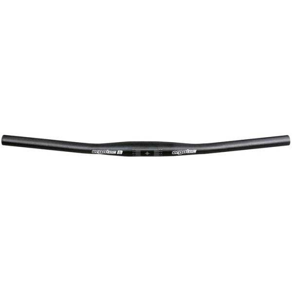 Zwarte Ergotec Flar Bar Ray MTB stuur met een diameter van 35 mm en lengte van 720 mm, zichtbaar in de afbeelding.