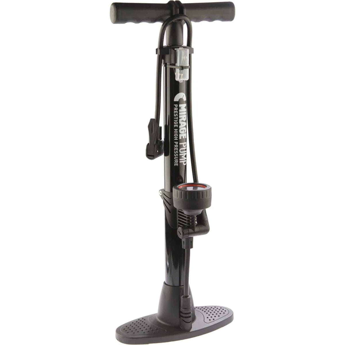 Stalen Mirage Prestige vloerpomp met meter en dualhead, geschikt voor watercirculatie en installatie.