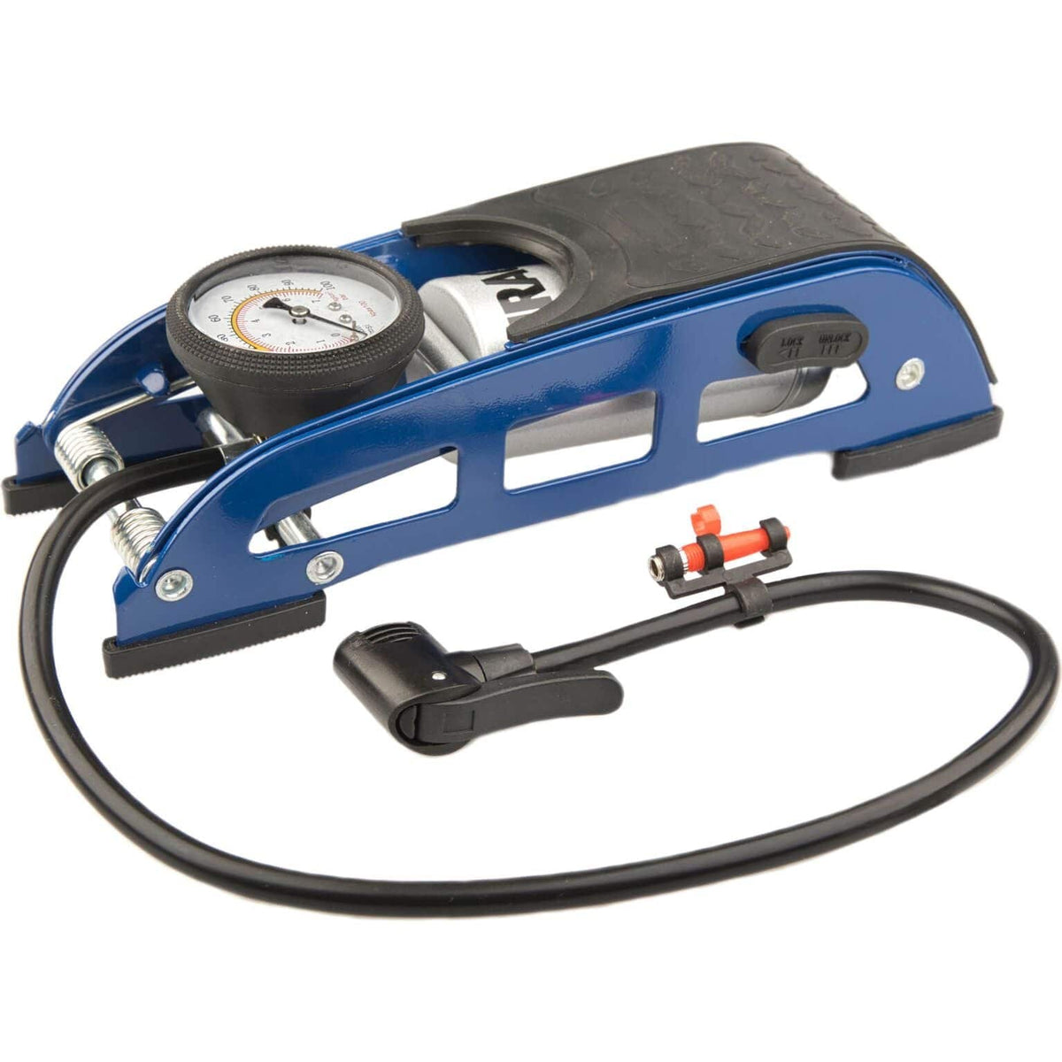 Mirage fietspomp met manometer, 7 bar/100 PSI, 60 cm slang, geschikt voor luchtbanden, zwart met drukmeter.