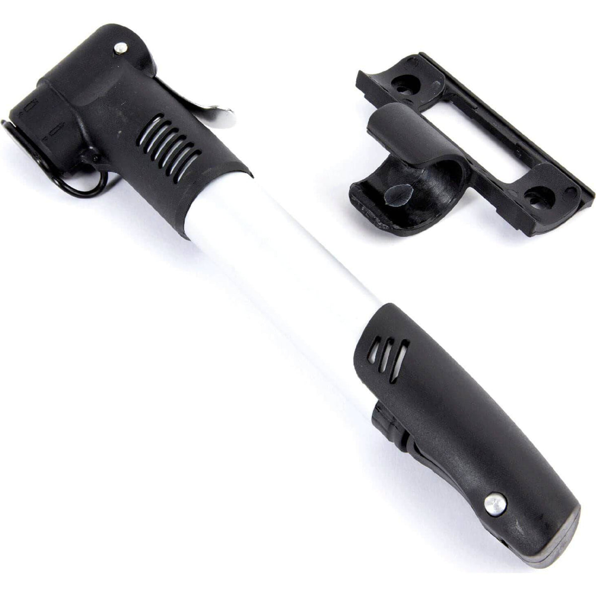 Mirage Mini Alu telescopische minipomp met dualhead en frameklem, zilverkleurig voor fietsbanden en inflatie.