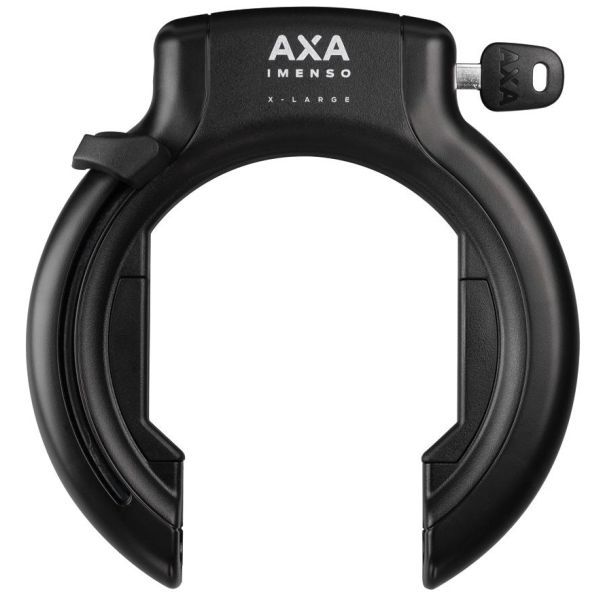 Zwarte Axa Imenso X-Large ringslot van 92 mm voor extra beveiliging, ART 2, zichtbaar met slot en bevestigingsmechanisme.