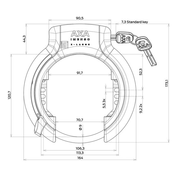 Zwarte Axa Imenso X-Large Ringslot van 92 mm, stevig beveiligingsslot met ART 2 keurmerk, zichtbaar op de afbeelding