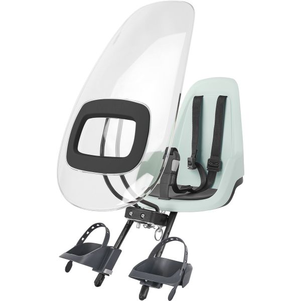 Transparant Bobike One+ windscherm van polycarbonaat, geschikt voor fiets, beschermt tegen wind en weersinvloeden.