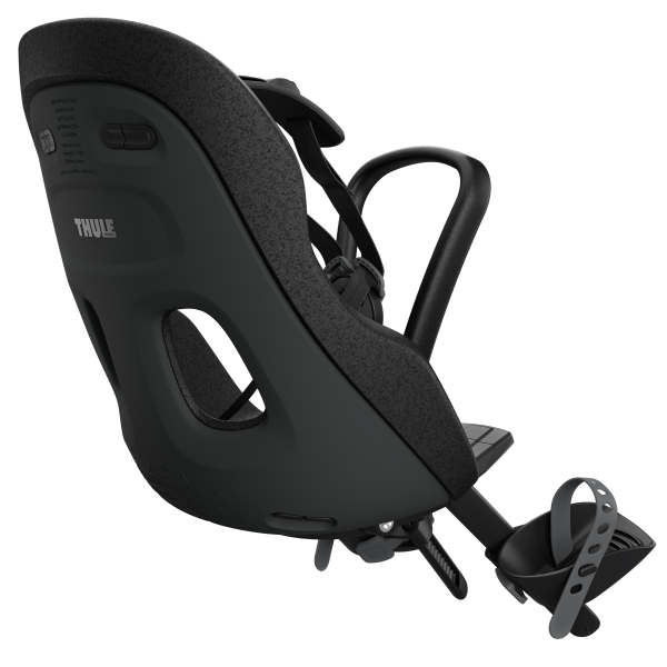 Lichtgewicht Thule Yepp Nexxt 2 Mini fietsstoeltje voor stuurmontage, geschikt voor jonge kinderen, zwart en comfortabel.