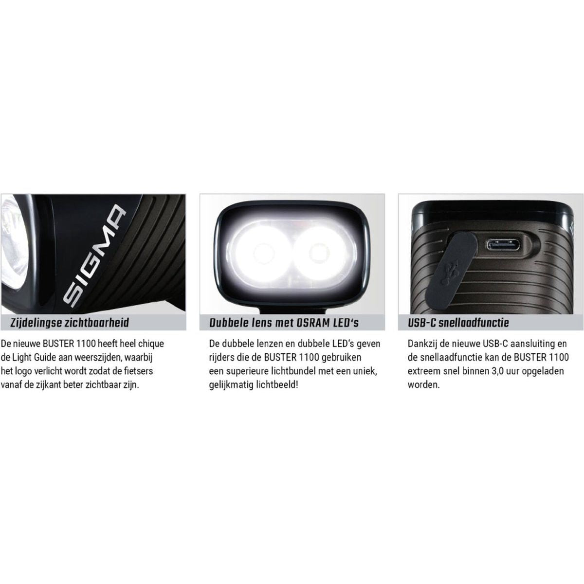 Sigma koplamp Buster USB, heldere hoofdlamp met verstelbare band en USB-oplading voor outdoor en fietsgebruik.
