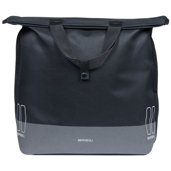 Basil Mara Evo 17-19 liter fietstas voor enkel, met MIK-haken en zwarte waterbestendige stof, bevestigd aan fietsstuur.