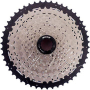 Zilveren en zwarte Edge Cassette Csm9012 12-speed, Hyperglide-compatibel, voor racefietsen en mountainbikes.