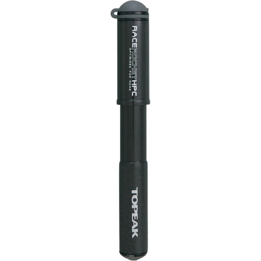 Topeak Minipomp Race Rocket HP, compacte fietspomp met handvat en drukmeter voor het oppompen van fietsbanden.