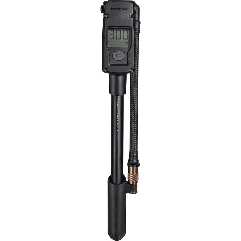 Topeak Minipomp Pocket Shock Digital, compacte fietspomp met digitale drukmeter voor schokdempers en banden.
