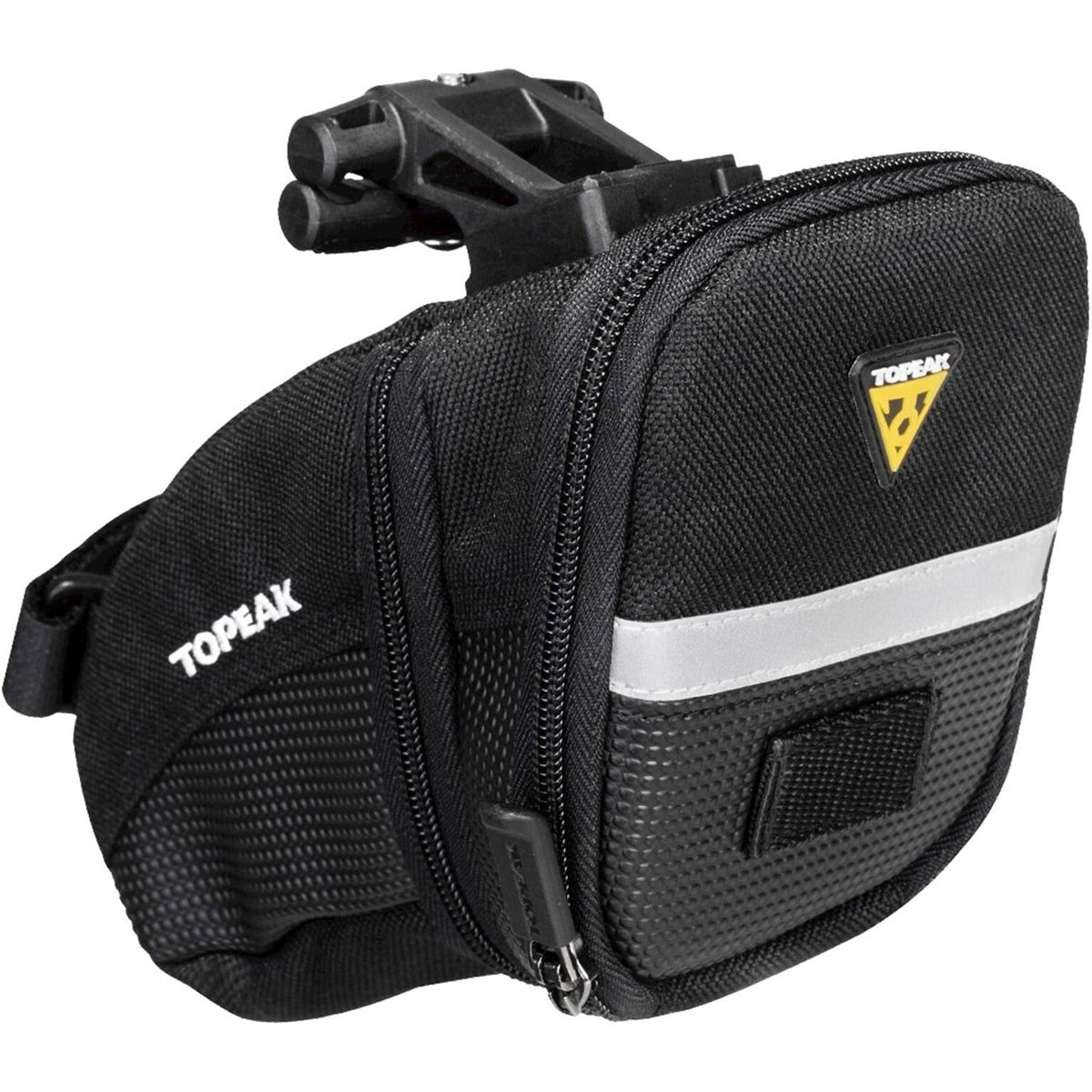 Topeak Aero Wp Clip zadeltas bevestigd aan een fiets, stevige waterdichte fietstassen voor extra opbergruimte.