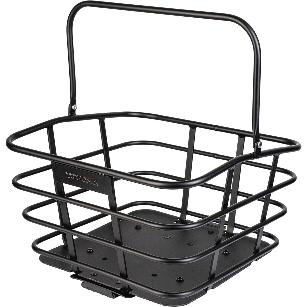 Aluminium fietsmand Topeak Urban Basket Dx 18L met handvat en bevestigingshaken, geschikt voor stadsfietsen.