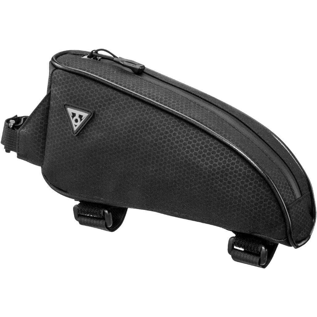 Zwarte Topeak Frametas Toploader voor fiets, compacte en waterbestendige fietstas voor bovenop het frame, zichtbaar in de afbeelding.
