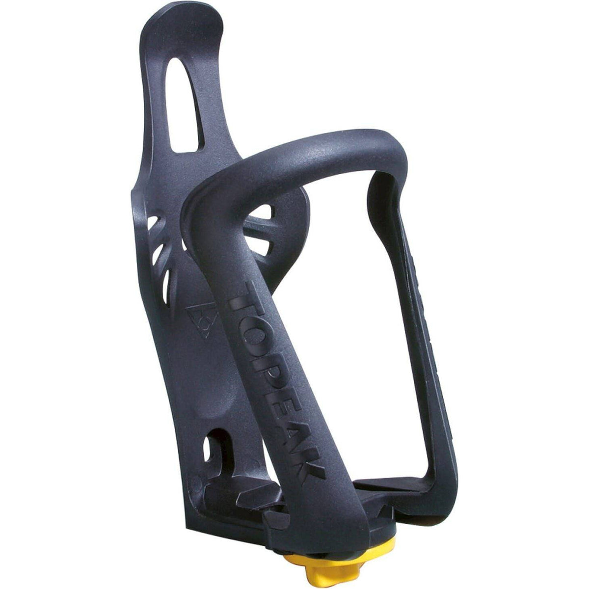 Topeak Modula Cage Ex bidonhouder bevestigd aan een fietsframe, zwart kunststof met metalen bevestigingspunten.